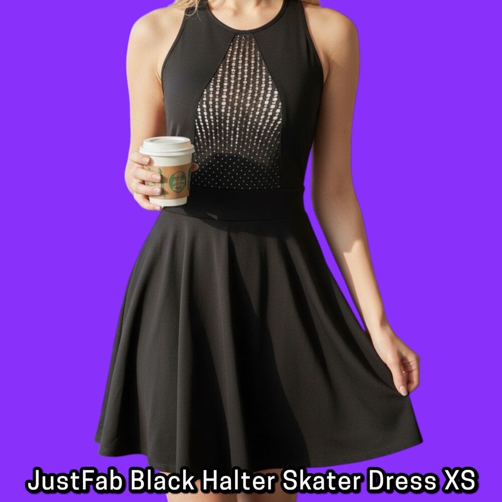 Preowned JustFab Black Halter Skater Dress Open Back Mesh Detail Size XS